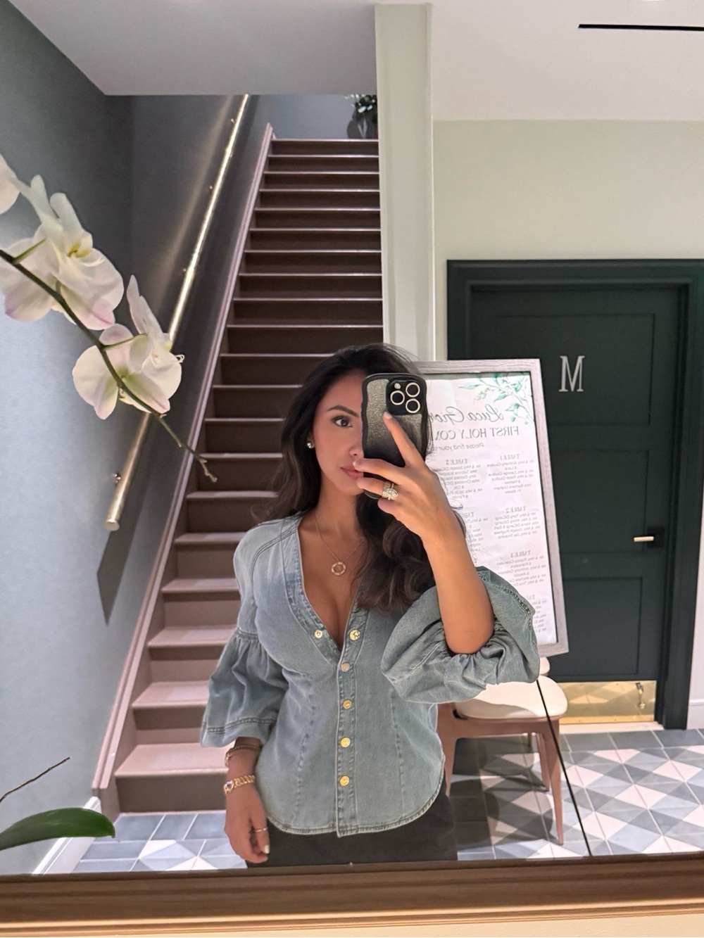 Zimmermann Light Blue Denim Tie-Neck Blouse with Balloon Sleeves